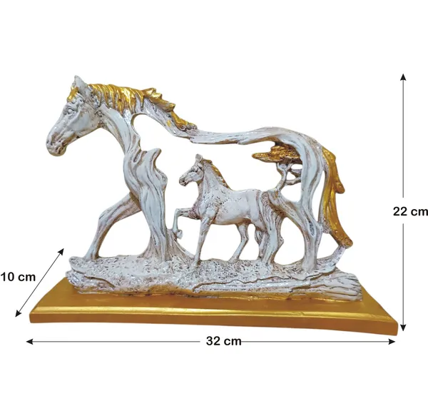 Decorative_Horse_Family_Figurine,_White_and_Gold,_Wooden_Base,_Table_Decor_&_Gift_Item,_Office_Decoration_|_Horse_Statue
