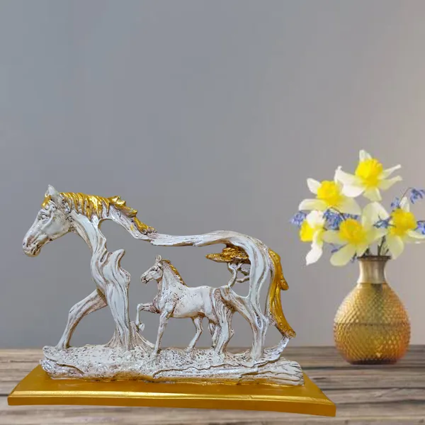 Decorative_Horse_Family_Figurine,_White_and_Gold,_Wooden_Base,_Table_Decor_&_Gift_Item,_Office_Decoration_|_Horse_Statue