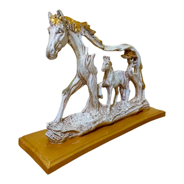 Decorative_Horse_Family_Figurine,_White_and_Gold,_Wooden_Base,_Table_Decor_&_Gift_Item,_Office_Decoration_|_Horse_Statue