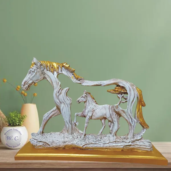 Decorative_Horse_Family_Figurine,_White_and_Gold,_Wooden_Base,_Table_Decor_&_Gift_Item,_Office_Decoration_|_Horse_Statue