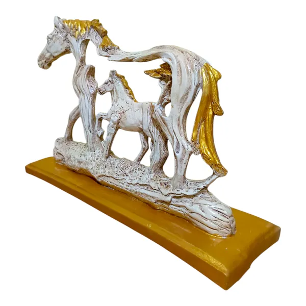 Decorative_Horse_Family_Figurine,_White_and_Gold,_Wooden_Base,_Table_Decor_&_Gift_Item,_Office_Decoration_|_Horse_Statue