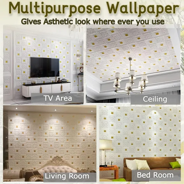 PACK_OF_2/5/10_-_Self-Adhesive_Waterproof_Pe_Foam_3D_Wall_Panels_Wallpaper_Sticker_For_Office,_Living_Room,_And_Home_Decoration_Wallpaper_For_Wall_(Gold_Square)