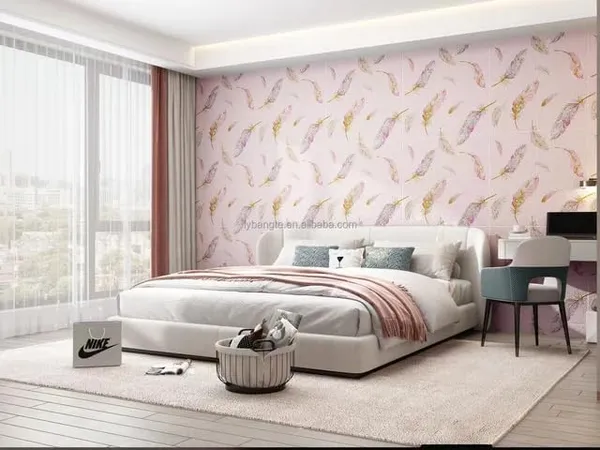 PACK_OF_2/5/10_-_Self-Adhesive_Waterproof_Pe_Foam_3D_Wall_Panels_Wallpaper_Sticker_For_Office,_Living_Room,_And_Home_Decoration_Wallpaper_For_Wall_(Pink_Feather)