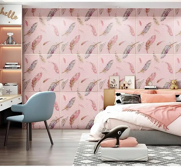 PACK_OF_2/5/10_-_Self-Adhesive_Waterproof_Pe_Foam_3D_Wall_Panels_Wallpaper_Sticker_For_Office,_Living_Room,_And_Home_Decoration_Wallpaper_For_Wall_(Pink_Feather)