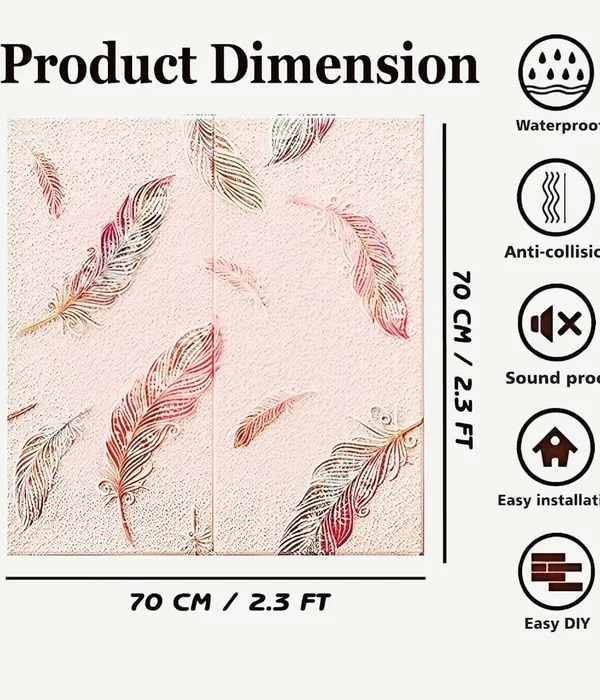 PACK_OF_2/5/10_-_Self-Adhesive_Waterproof_Pe_Foam_3D_Wall_Panels_Wallpaper_Sticker_For_Office,_Living_Room,_And_Home_Decoration_Wallpaper_For_Wall_(Pink_Feather)