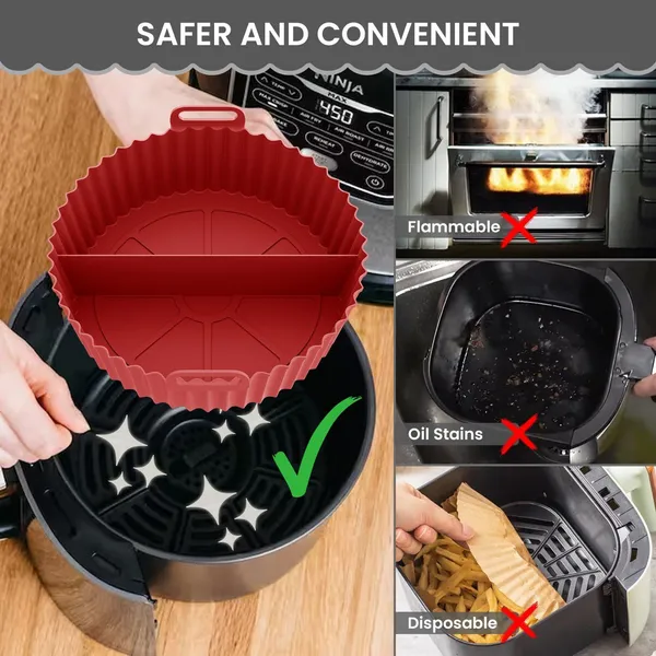 PACK_OF_3_-_Red_Round_Silicone_Basket_Baking_Tray_I_Pot_With_Ear_Handles_I_Nonstick_Reusable_Heat_Resistant_I_Cooking_Oven_Insert_Accessories