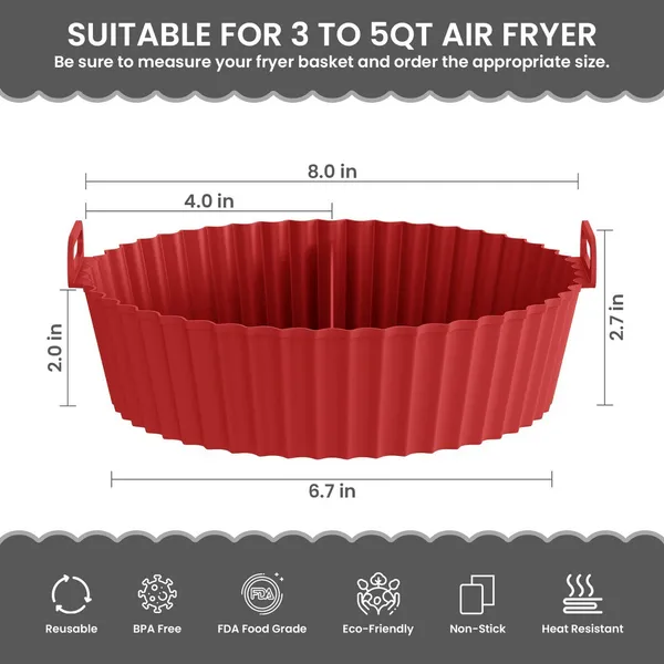 PACK_OF_3_-_Red_Round_Silicone_Basket_Baking_Tray_I_Pot_With_Ear_Handles_I_Nonstick_Reusable_Heat_Resistant_I_Cooking_Oven_Insert_Accessories