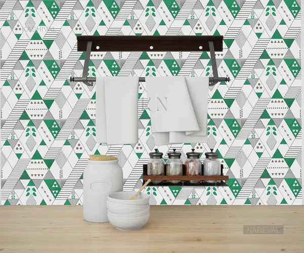 Multicoloured_Green_and_White_Triangles_Geometric_Line,_Dotes,_Tree_Designer_Waterproof,_Scratch_Resistant,_Laminated_Wallpaper_for_Kitchen_and_Furniture_(Green_Triangle_Q1_(60_*_200_cm))
