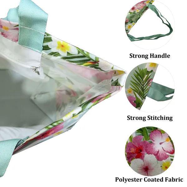Green_Poly_Canvas_Floral_Digital_Print_Beach_Bag_With_Inner_Zip_Pocket,Multi_Purpose_Use,_Re-Usable_,Stylish_And_Spacious_||20"X12"X6"+_Handle-20"