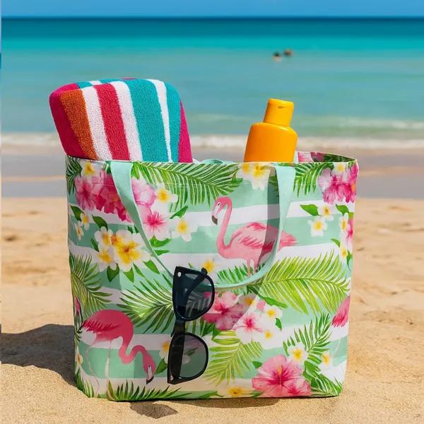 Green_Poly_Canvas_Floral_Digital_Print_Beach_Bag_With_Inner_Zip_Pocket,Multi_Purpose_Use,_Re-Usable_,Stylish_And_Spacious_||20"X12"X6"+_Handle-20"