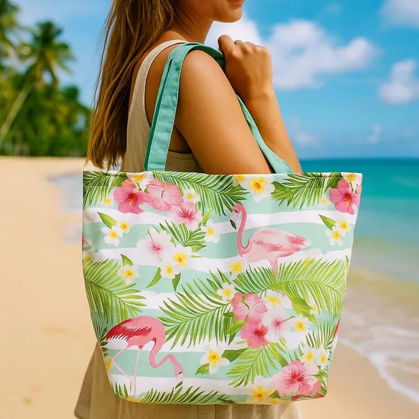 Green_Poly_Canvas_Floral_Digital_Print_Beach_Bag_With_Inner_Zip_Pocket,Multi_Purpose_Use,_Re-Usable_,Stylish_And_Spacious_||20"X12"X6"+_Handle-20"