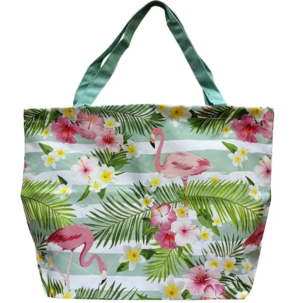Green_Poly_Canvas_Floral_Digital_Print_Beach_Bag_With_Inner_Zip_Pocket,Multi_Purpose_Use,_Re-Usable_,Stylish_And_Spacious_||20"X12"X6"+_Handle-20"