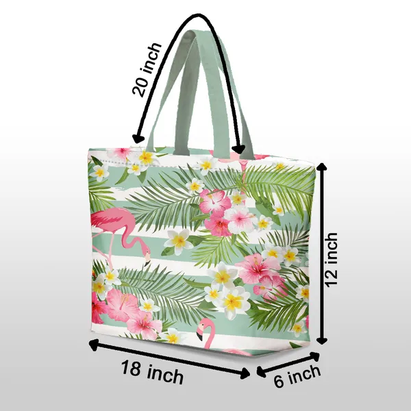 Green_Poly_Canvas_Floral_Digital_Print_Beach_Bag_With_Inner_Zip_Pocket,Multi_Purpose_Use,_Re-Usable_,Stylish_And_Spacious_||20"X12"X6"+_Handle-20"