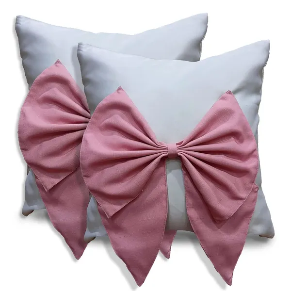 White_And_Pink_Set_Of_2_Bow_Cushion_Cover_Decorative_Sofa_Cushion_Covers_With_Invisible_Zipper_And_Textured_Bow_Sofa_Pillow_Cover_|_16_X_16_Inch