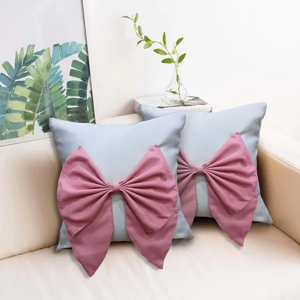 White_And_Pink_Set_Of_2_Bow_Cushion_Cover_Decorative_Sofa_Cushion_Covers_With_Invisible_Zipper_And_Textured_Bow_Sofa_Pillow_Cover_|_16_X_16_Inch