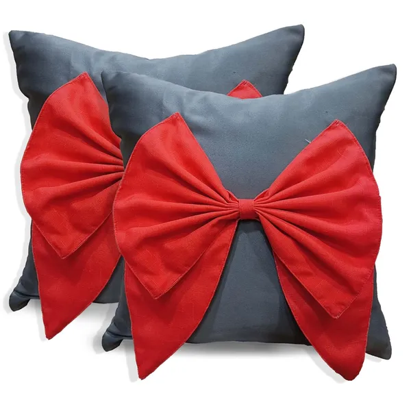 Grey_And_Red_Set_Of_2_Grey_And_Red_Bow_Cushion_Cover_Decorative_Sofa_Cushion_Covers_With_Invisible_Zipper_And_Textured_Bow_Sofa_Pillow_Cover_|_16_X_16_Inch