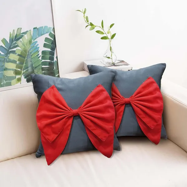 Grey_And_Red_Set_Of_2_Grey_And_Red_Bow_Cushion_Cover_Decorative_Sofa_Cushion_Covers_With_Invisible_Zipper_And_Textured_Bow_Sofa_Pillow_Cover_|_16_X_16_Inch