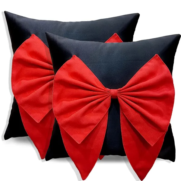 Black_And_Red_Set_Of_2_Bow_Cushion_Cover_Decorative_Sofa_Cushion_Covers_With_Invisible_Zipper_And_Textured_Bow_Sofa_Pillow_Cover_|_16_X_16_Inch