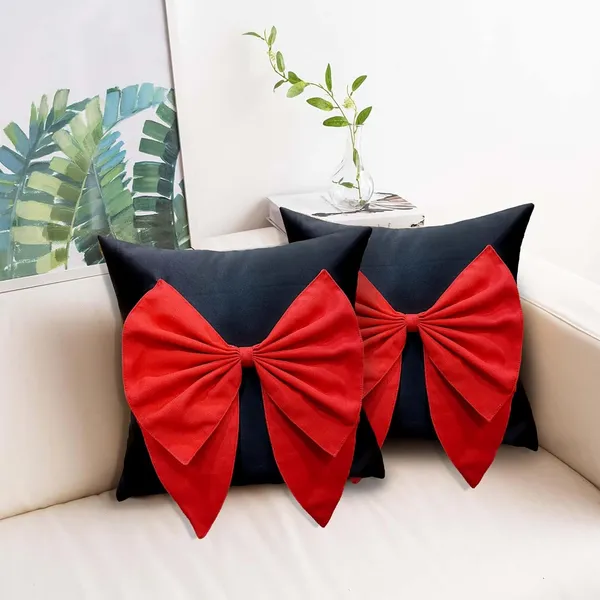 Black_And_Red_Set_Of_2_Bow_Cushion_Cover_Decorative_Sofa_Cushion_Covers_With_Invisible_Zipper_And_Textured_Bow_Sofa_Pillow_Cover_|_16_X_16_Inch