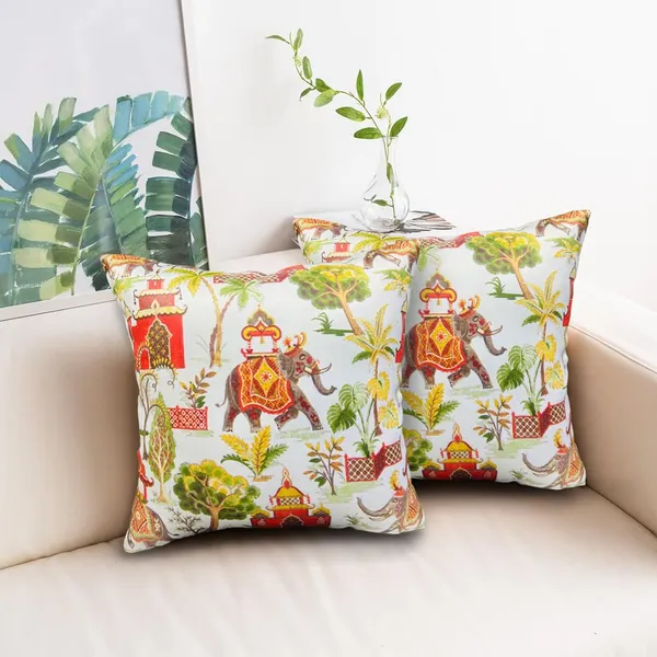 Multicolor_Set_Of_2_Indian_Cultural_Print_Cushion_Covers_White_Village_Print_220_Tc_Polyester_Square_Pillowcases_Set_|_16_X_16_Inch