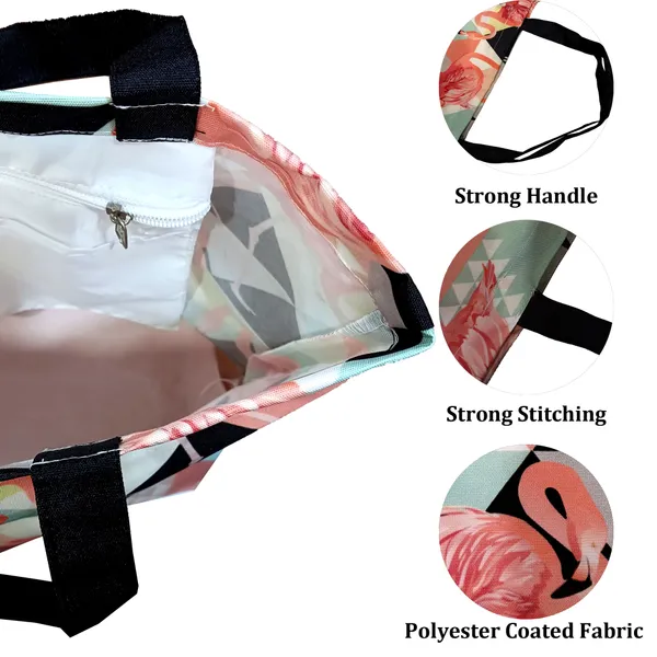 Multicolor_Poly_Canvas_Palm_Flamingo_Digital_Print_Beach_Bag_With_Inner_Zip_Pocket,Multi_Purpose_Use,_Re-Usable_,Stylish_And_Spacious_||20"X12"X6"+_Handle-20"