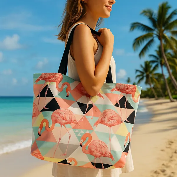 Multicolor_Poly_Canvas_Palm_Flamingo_Digital_Print_Beach_Bag_With_Inner_Zip_Pocket,Multi_Purpose_Use,_Re-Usable_,Stylish_And_Spacious_||20"X12"X6"+_Handle-20"