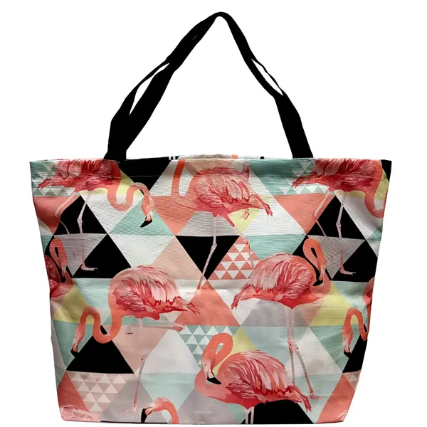 Multicolor_Poly_Canvas_Palm_Flamingo_Digital_Print_Beach_Bag_With_Inner_Zip_Pocket,Multi_Purpose_Use,_Re-Usable_,Stylish_And_Spacious_||20"X12"X6"+_Handle-20"