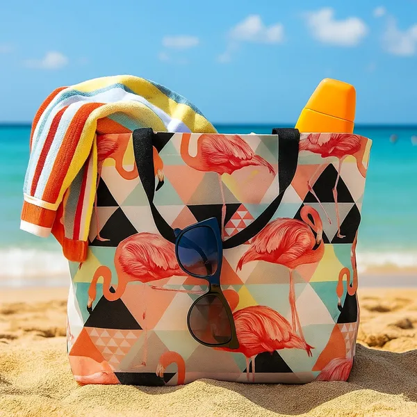 Multicolor_Poly_Canvas_Palm_Flamingo_Digital_Print_Beach_Bag_With_Inner_Zip_Pocket,Multi_Purpose_Use,_Re-Usable_,Stylish_And_Spacious_||20"X12"X6"+_Handle-20"