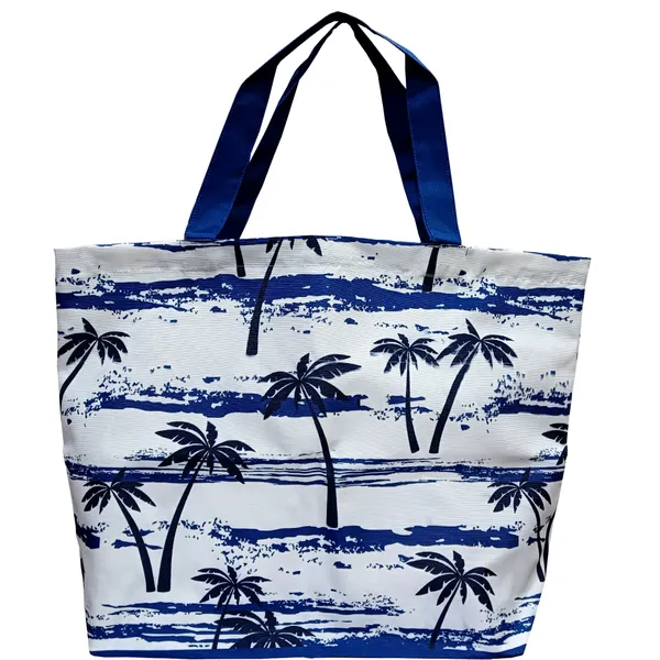 White_And_Blue_Poly_Canvas_Palm_Beach_Digital_Print_Beach_Bag_With_Inner_Zip_Pocket,Multi_Purpose_Use,_Re-Usable_,Stylish_And_Spacious_||20"X12"X6"+_Handle-20"