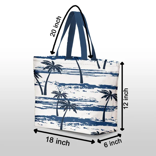White_And_Blue_Poly_Canvas_Palm_Beach_Digital_Print_Beach_Bag_With_Inner_Zip_Pocket,Multi_Purpose_Use,_Re-Usable_,Stylish_And_Spacious_||20"X12"X6"+_Handle-20"