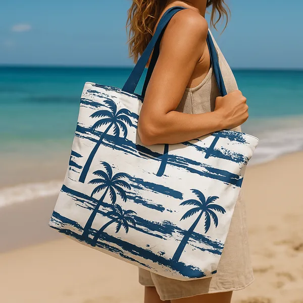 White_And_Blue_Poly_Canvas_Palm_Beach_Digital_Print_Beach_Bag_With_Inner_Zip_Pocket,Multi_Purpose_Use,_Re-Usable_,Stylish_And_Spacious_||20"X12"X6"+_Handle-20"