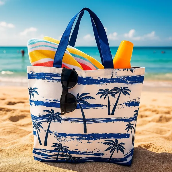 White_And_Blue_Poly_Canvas_Palm_Beach_Digital_Print_Beach_Bag_With_Inner_Zip_Pocket,Multi_Purpose_Use,_Re-Usable_,Stylish_And_Spacious_||20"X12"X6"+_Handle-20"