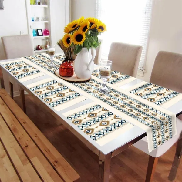 Cream_Dining_Table_Mats_Set_Of_6_With_Runner,_Ethnic_Pattern,_Multicolored,_Polyester,_13X72_Inch