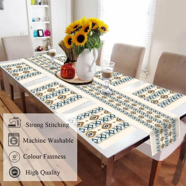 Cream_Dining_Table_Mats_Set_Of_6_With_Runner,_Ethnic_Pattern,_Multicolored,_Polyester,_13X72_Inch