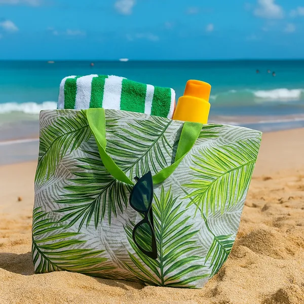 Green_Poly_Canvas_Palm_Leaf_Digital_Print_Beach_Bag_With_Inner_Zip_Pocket,Multi_Purpose_Use,_Re-Usable_,Stylish_And_Spacious_||20"X12"X6"+_Handle-20"