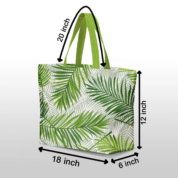 Green_Poly_Canvas_Palm_Leaf_Digital_Print_Beach_Bag_With_Inner_Zip_Pocket,Multi_Purpose_Use,_Re-Usable_,Stylish_And_Spacious_||20"X12"X6"+_Handle-20"