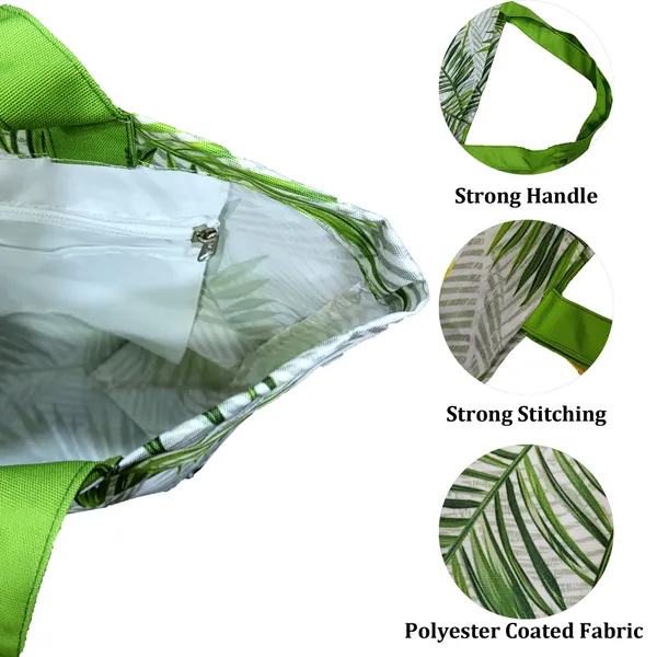 Green_Poly_Canvas_Palm_Leaf_Digital_Print_Beach_Bag_With_Inner_Zip_Pocket,Multi_Purpose_Use,_Re-Usable_,Stylish_And_Spacious_||20"X12"X6"+_Handle-20"