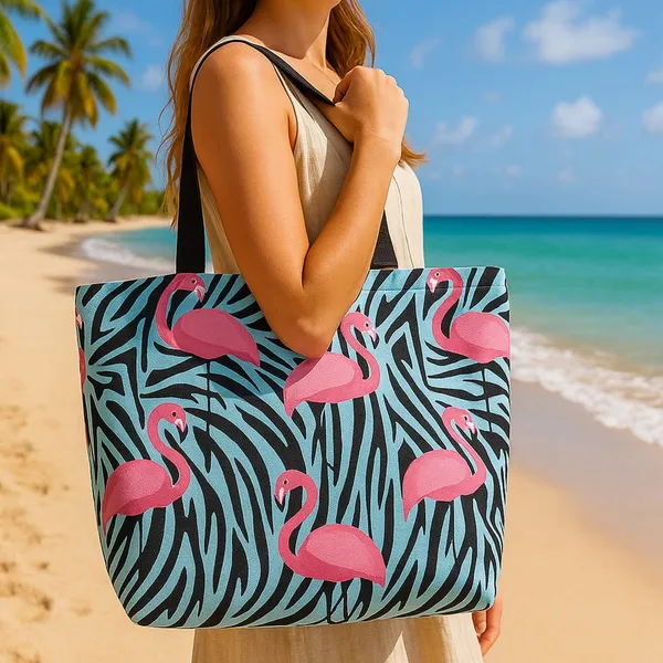 Multicolor_Poly_Canvas_Ostriche_Digital_Print_Beach_Bag_With_Inner_Zip_Pocket,Multi_Purpose_Use,_Re-Usable_,Stylish_And_Spacious_||20"X12"X6"+_Handle-20"