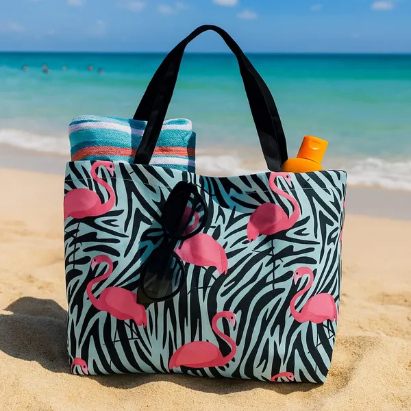 Multicolor_Poly_Canvas_Ostriche_Digital_Print_Beach_Bag_With_Inner_Zip_Pocket,Multi_Purpose_Use,_Re-Usable_,Stylish_And_Spacious_||20"X12"X6"+_Handle-20"