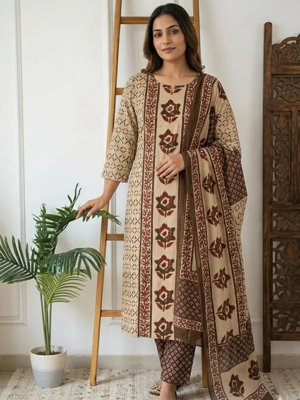 Beige_Floral_Handblock_Print_Cotton_Kurta_Set_with_Printed_Dupatta