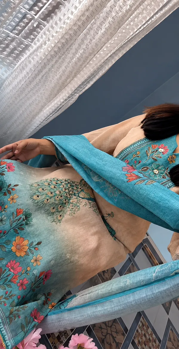 Elegant_Beige_&_Turquoise_Peacock_Printed_3-Piece_Ethnic_Suit_Set_with_Floral_Dupatta