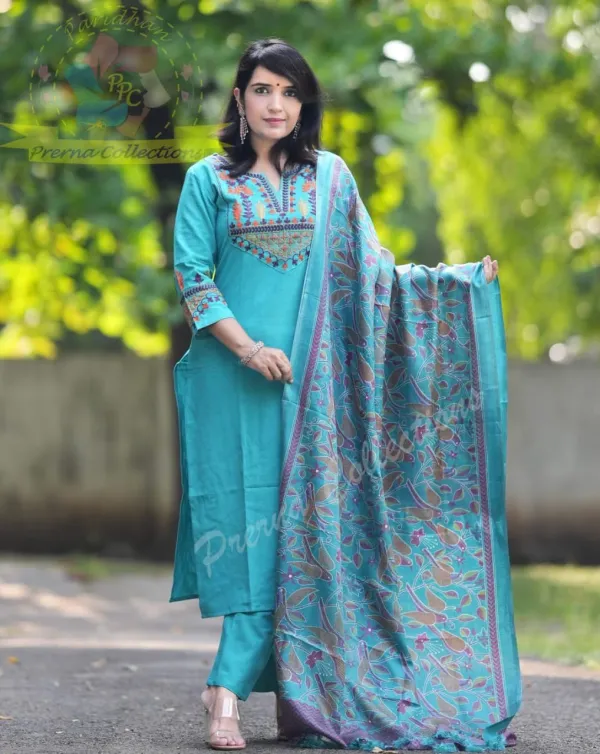 Elegant_Teal_Blue_Cotton_Kurta_Set_with_Embroidered_Neckline_and_Printed_Dupatta