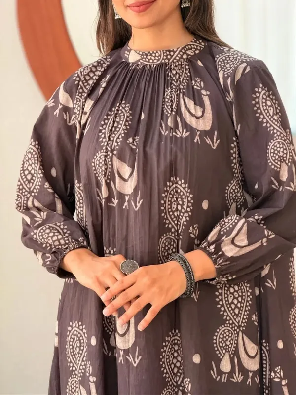 Mocha_Brown_Handblock_Print_A-Line_Kurta_Set_for_Women