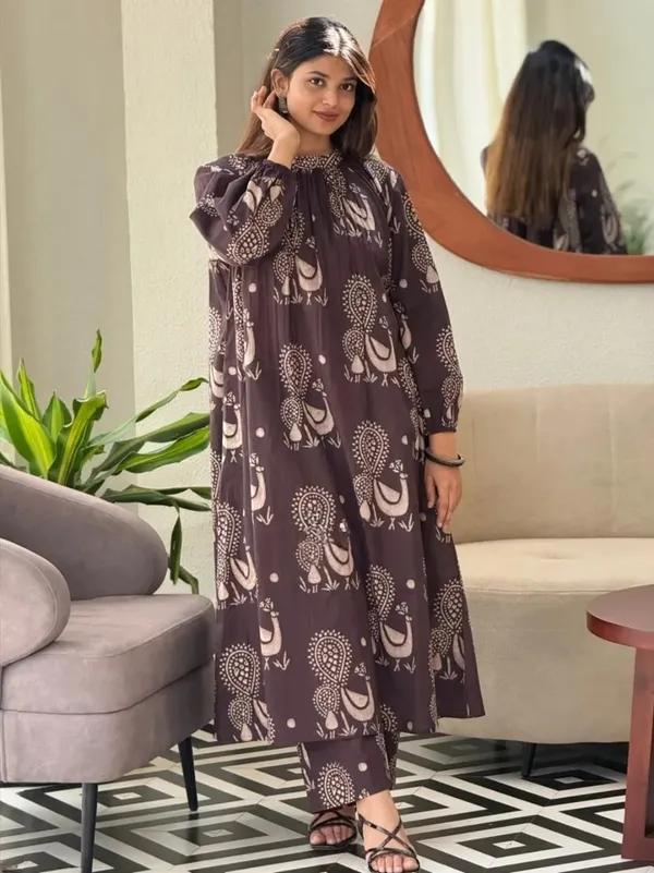 Mocha_Brown_Handblock_Print_A-Line_Kurta_Set_for_Women