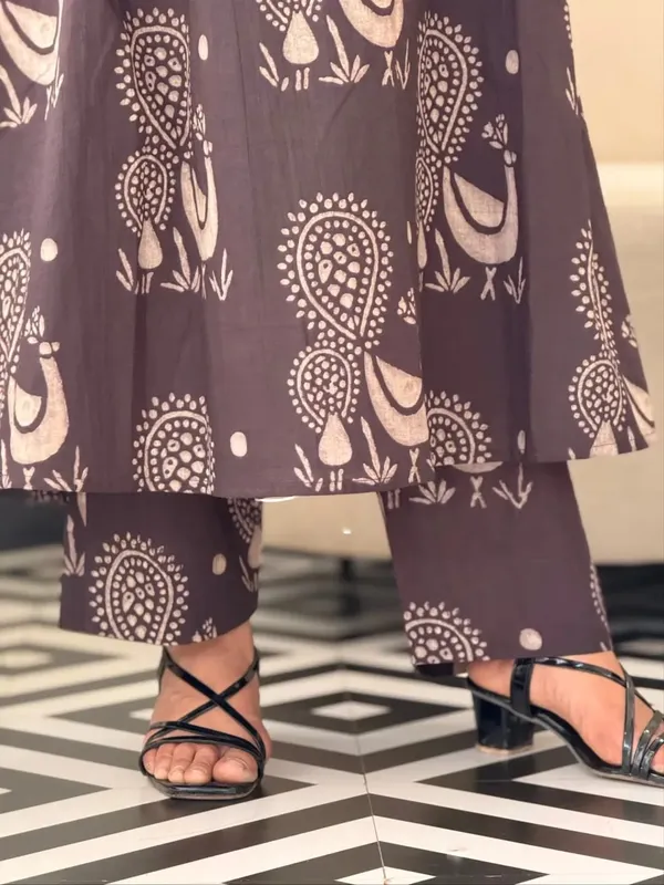 Mocha_Brown_Handblock_Print_A-Line_Kurta_Set_for_Women
