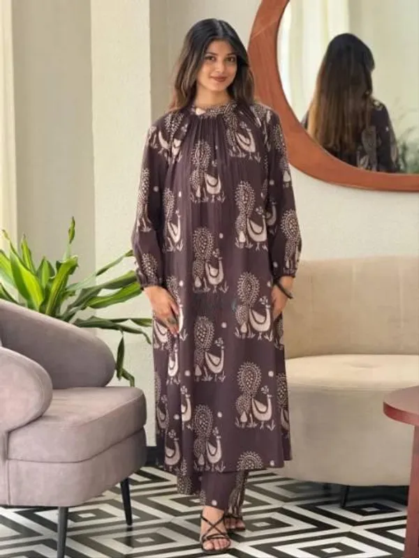 Mocha_Brown_Handblock_Print_A-Line_Kurta_Set_for_Women