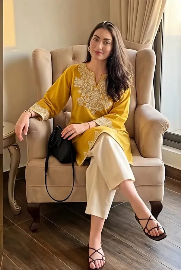 Mustard_Yellow_Embroidered_Kurti_with_Off-White_Straight_Pants