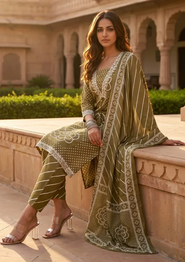 Olive_Green_Printed_Kurta_Palazzo_Set_with_Designer_Dupatta