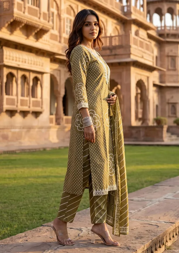 Olive_Green_Printed_Kurta_Palazzo_Set_with_Designer_Dupatta