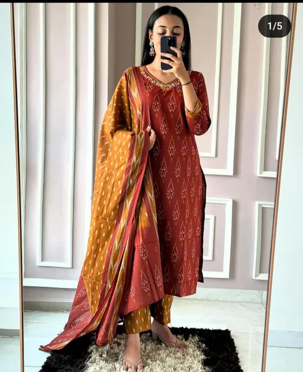 Premium_Ajrak_Cotton_Suit_Set_–_Maroon_&_Mustard_Ikat_Print_|_Kurti,_Pant_&_Dupatta